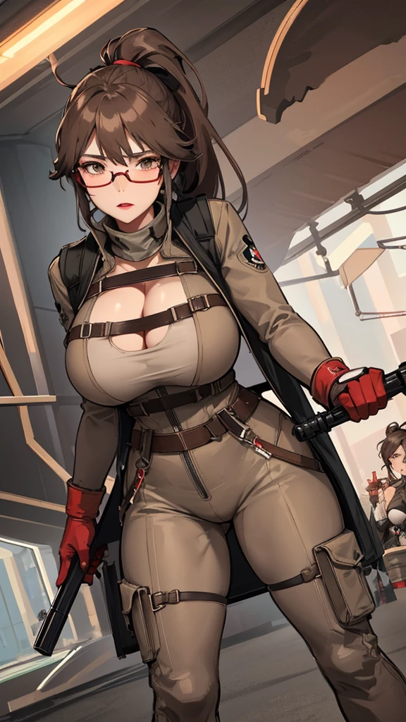 brown and gray sniper girl wearing brown militray suit，Huge Breasts，ruins，red glasses，Thick smoke，cleavage，Lipstick，pant，ponytail hairstyle