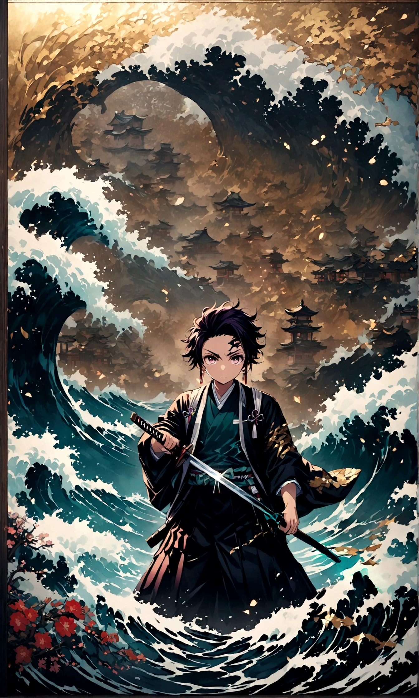 Fixes,鞘をFixesする,Structurally correct,(1 male,tanjiro kamado),Demon slayer,Tanjiro'Costumes,Holding a Japanese sword in each hand,Water flow effect,Fire effect,Intricate details,,Decadent,artwork,rendering,Dynamic pose,(masterpiece:1.3),(highest quality:1.4),(Very detailed:1.5),High resolution,Very detailed,unity 8k wallpaper,Dark fantasy,,Glare,Fighting Style,Draw artistic background,(Japanese style sculpture:water:Wave:流water),Use gold leaf as a background,Glare,Hopeless shape,Looking into the camera,BREAK,Japanese swords are straight and have a metallic luster..,Please hold the handle of the Japanese sword