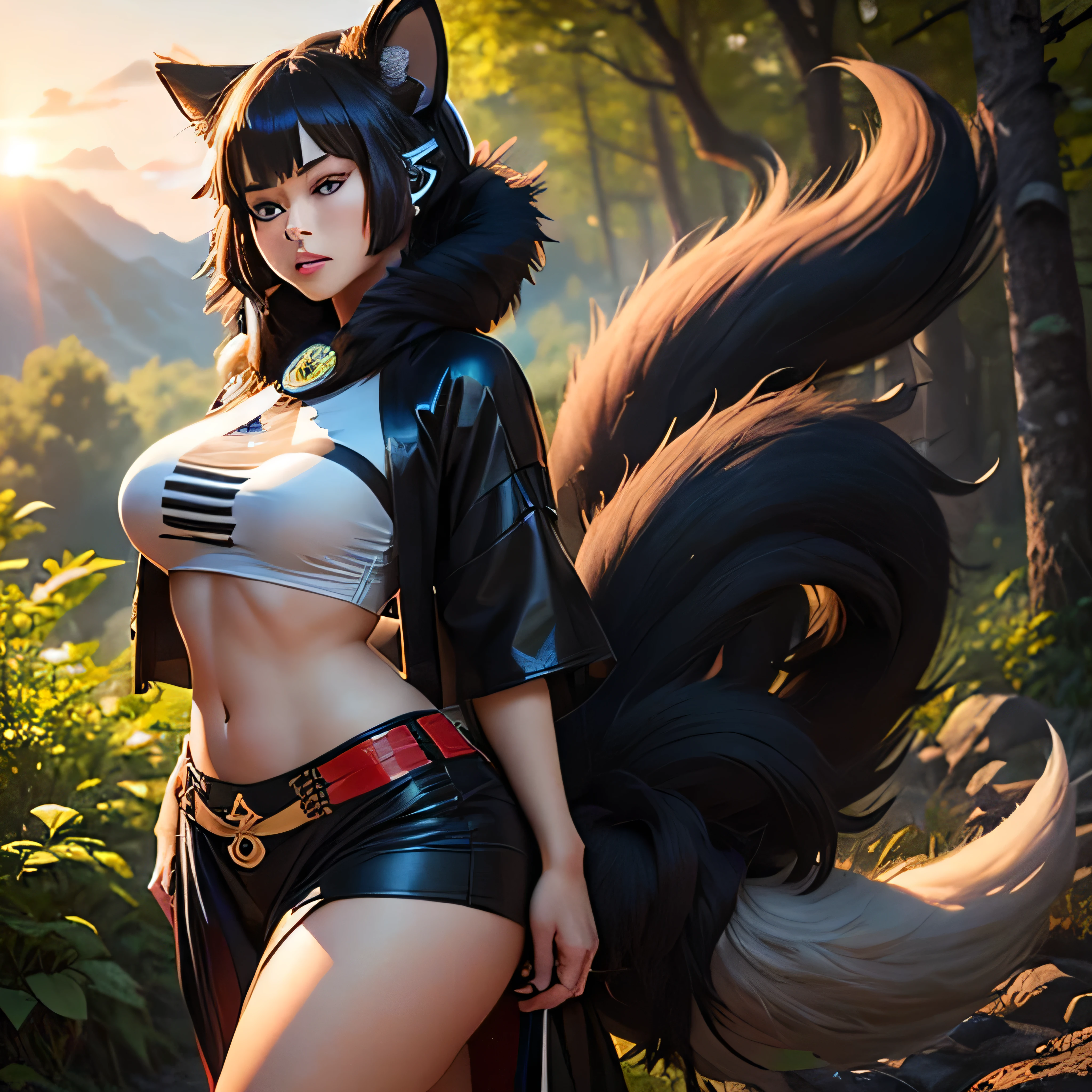 (full body shot at distance ) ,  (realistic fox-girl with black hair and nine tails) , (nine tails with black fur:2.2) , (image centered on subject with her tails spread behind her) , (beautiful human face, high cheekbones, green eyes  fox ears) , (very detailed sinto clothes:2.3) , inspired by Sugimura Jihei, delicate and fine, (tentacles:fox tails:0.5), white form, inspired by Sōami, jormungand, mystical creatures, realistic, ultra detailed, dynamic pose, sunrise lighting, detailed forest background