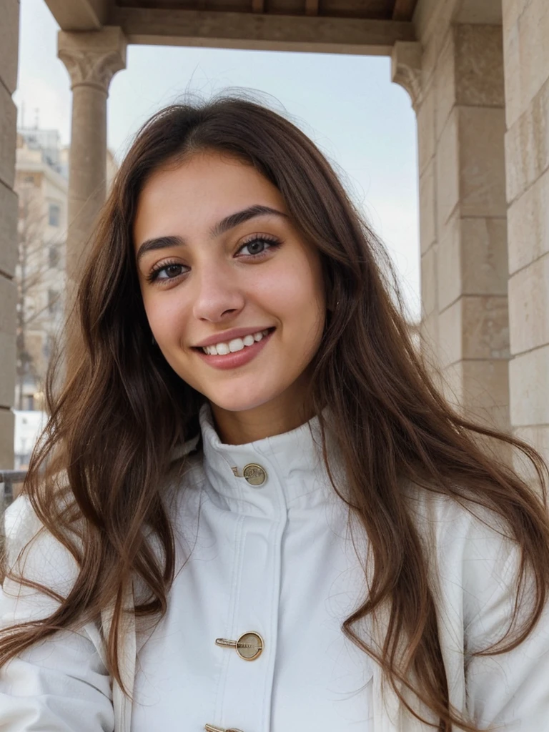 one cute women, 20YO, white, Arab, cute face, realistic brown eyes, blue jacket, brown hair, cute smile, skinny face, white realistic teethes, big eyes, long hair