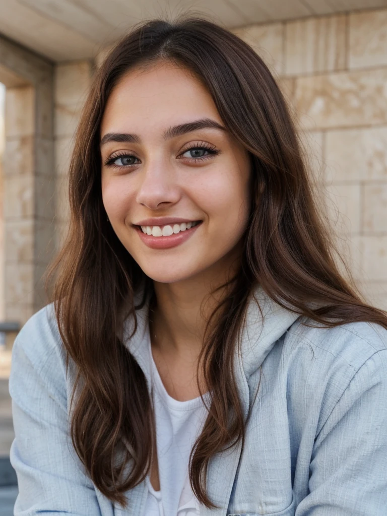 one cute women, 20YO, white, Arab, cute face, realistic brown eyes, blue jacket, brown hair, cute smile, skinny face, white realistic teethes, big eyes, long hair
