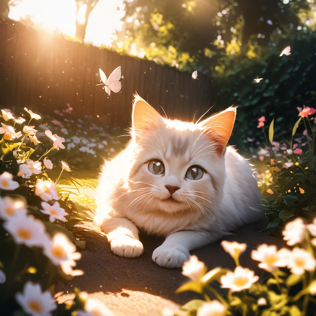 Playful kittens in a sunny garden, blooming flowers, butterflies, soft fur texture, Canon EOS R5, wide-angle lens, naturalistic photo style, whimsical mood, morning sunlight, shallow depth of field composition