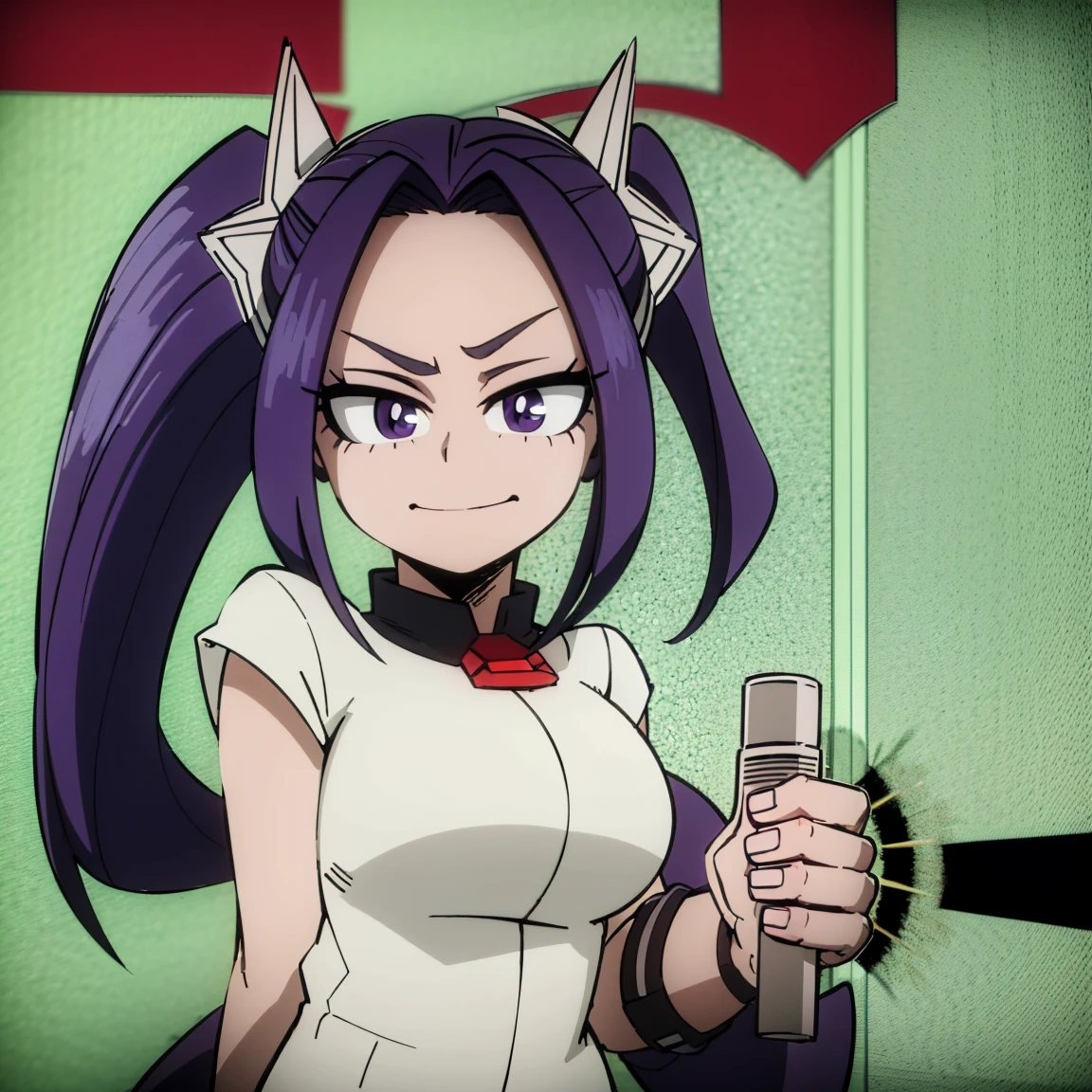 1girl, female focus, aria blaze, boku no hero academia, masterpiece, best quality, very aesthetic, absurdres, twintails hair, purple hair, lavender eyes, smirk, female hero outfit