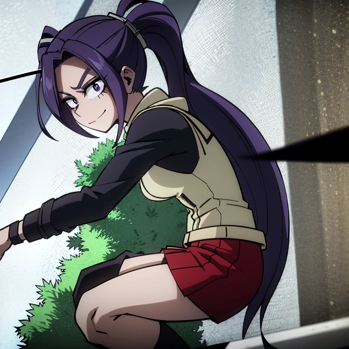 1girl, female focus, aria blaze, boku no hero academia, masterpiece, best quality, very aesthetic, absurdres, twintails hair, purple hair, lavender eyes, smirk, female hero outfit