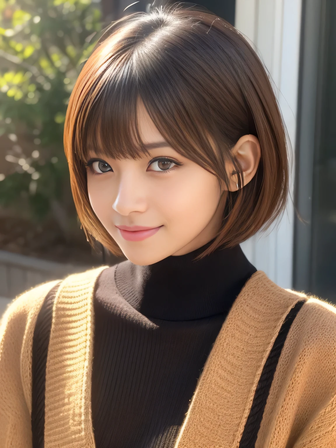 masterpiece, best quality, ultra-detailed, intricately detailed hyperdetailed, realistic, sharp features, highly detailed, sharp focus, 20 years old, Japanese,idol, perfect face, perfect face, perfect symmetrically perfect eyes, perfect full lips, flexible female form, film light, hyper detailed, hyper realistic, high resolution, vibrant, dynamic studio lighting, short hair, Brown Hair, Shoulder Length Layered, asymmetrical bangs, brown Eyes, (Impish Smile:1.2), cowboy shot, (black knit)