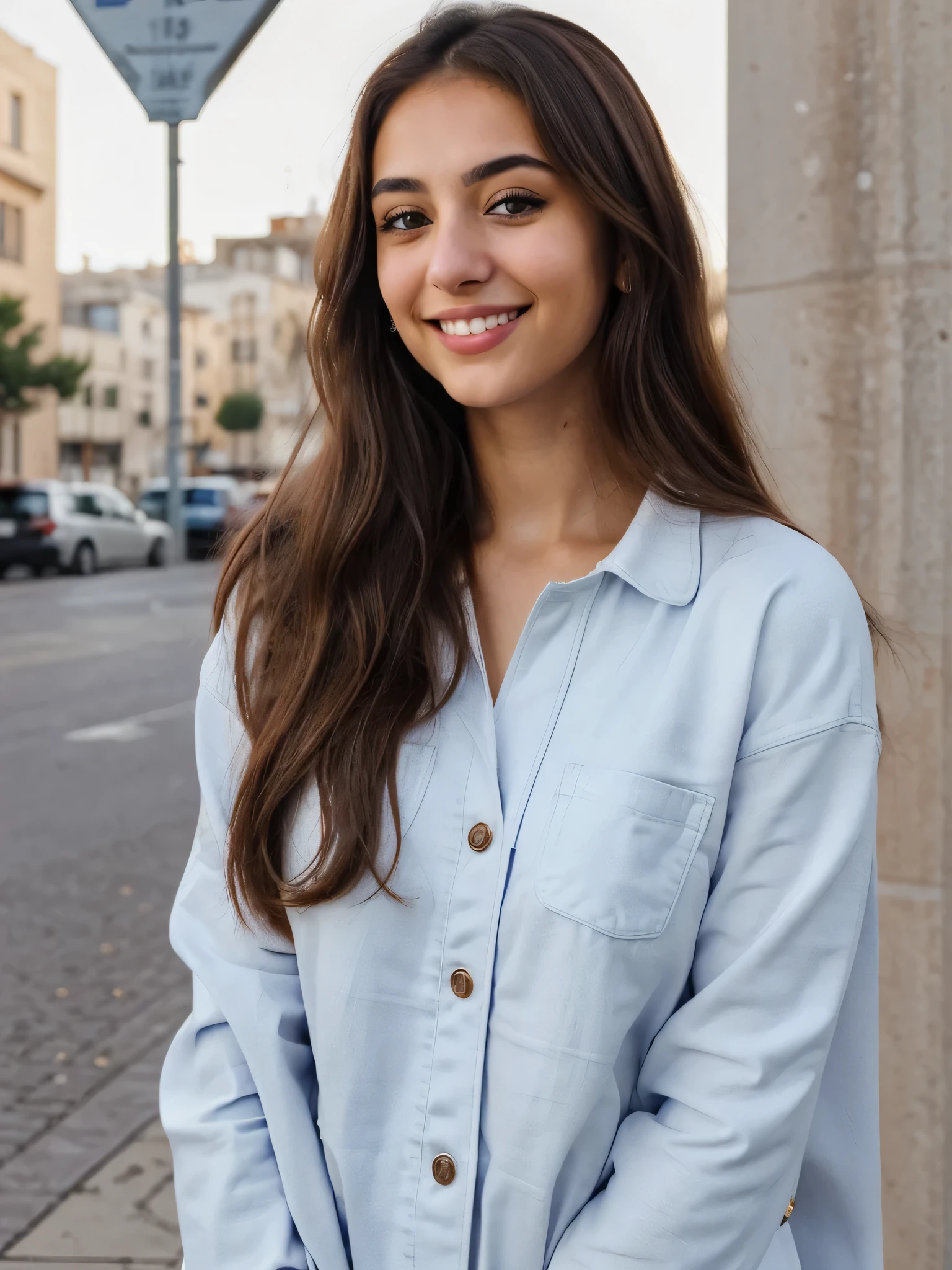 one cute women, 20YO, white, Arab, cute face, realistic brown eyes, blue jacket, brown hair, cute smile, skinny face, white realistic teethes, big eyes, long hair