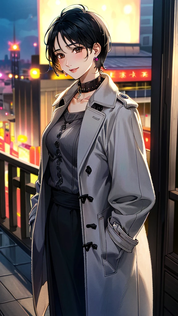 (masterpiece:1.3, Highest quality, Ultra-high resolution, Super detailed), (Realistic, photoRealistic:1.4), Beautiful illustrations,  (Natural Side Lighting, Cinema Lighting), colorful, Depth of written boundary, 
Beautiful detailed hair, Beautifully detailed face, Beautiful fine details, Beautiful clavicle, Beautiful body, 美しいLarge Breasts, Beautiful thighs, Beautiful feet, Beautiful fingers, 
((Bal collar coat:1.4)), (knit、Long skirt 1.4)、
View Viewer、Front view:0.8, Beauty1人, Japanese, Beauty、30 years old, Perfect Face, (Perfect Anatomy, Anatomically correct), Cute and symmetrical face, Baby Face, , Shiny skin, 
(Black Hair, Super Short Cut Hair:1.4),  Dark brown eyes, Large Breasts, Slim body, 
necklace, (Small earrings:1.3), 
(Beautiful views), (night), (city, cityscape in the distance), Standing with good posture, A soft smile、(Smile, Lips parted), 