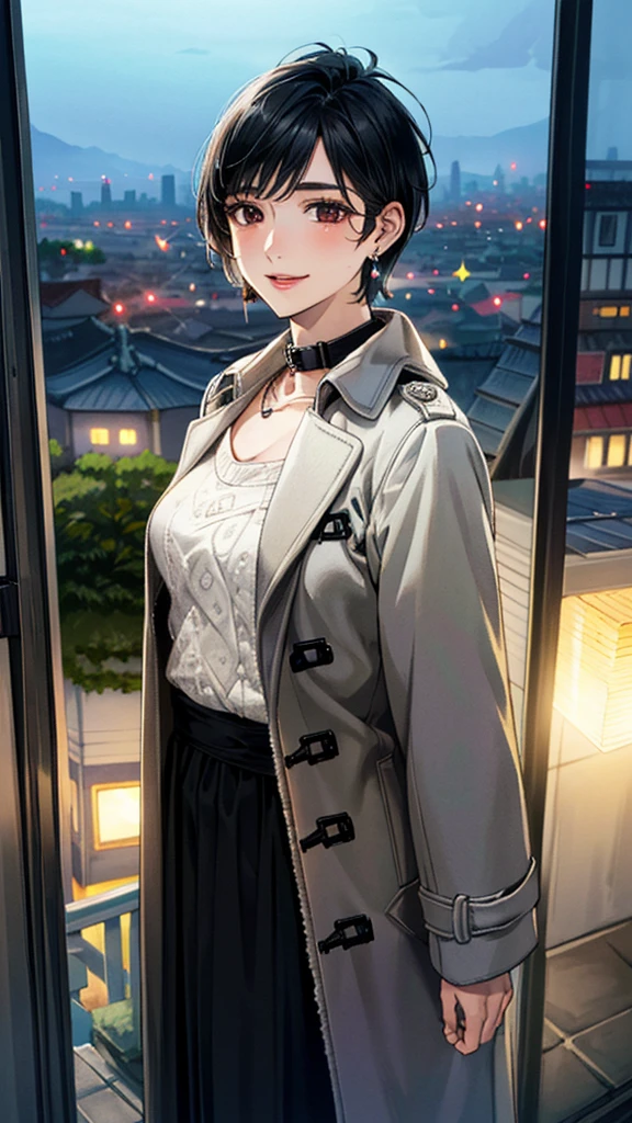 (masterpiece:1.3, Highest quality, Ultra-high resolution, Super detailed), (Realistic, photoRealistic:1.4), Beautiful illustrations, (Natural Side Lighting, Cinema Lighting), colorful, Depth of written boundary,
Beautiful detailed hair, Beautifully detailed face, Beautiful fine details, Beautiful clavicle, Beautiful body, 美しいLarge Breasts, Beautiful thighs, Beautiful feet, Beautiful fingers,
((Bal collar coat:1.4)), (knit、Long skirt 1.4)、
View Viewer、Front view:0.8, Beauty1人, Japanese, Beauty、30 years old, Perfect Face, (Perfect Anatomy, Anatomically correct), Cute and symmetrical face, Baby Face, , Shiny skin,
(Black Hair, Super Short Cut Hair:1.4), Dark brown eyes, Large Breasts, Slim body,
necklace, (Small earrings:1.3),
(Beautiful views), (night), (city, cityscape in the distance), Standing with good posture, A soft smile、(Smile, Lips parted),