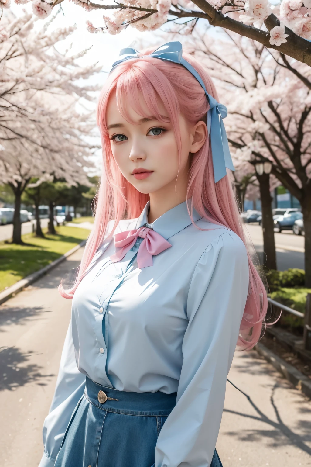 In this image, a young girl with pink hair and blue eyes is the central figure. She has a soft expression on her face and is wearing a light blue blouse adorned with a large pink bow at the neckline. The girl stands in front of a tree laden with cherry blossoms, which are gently falling around her. The background reveals a serene seaside scene under a clear sky.