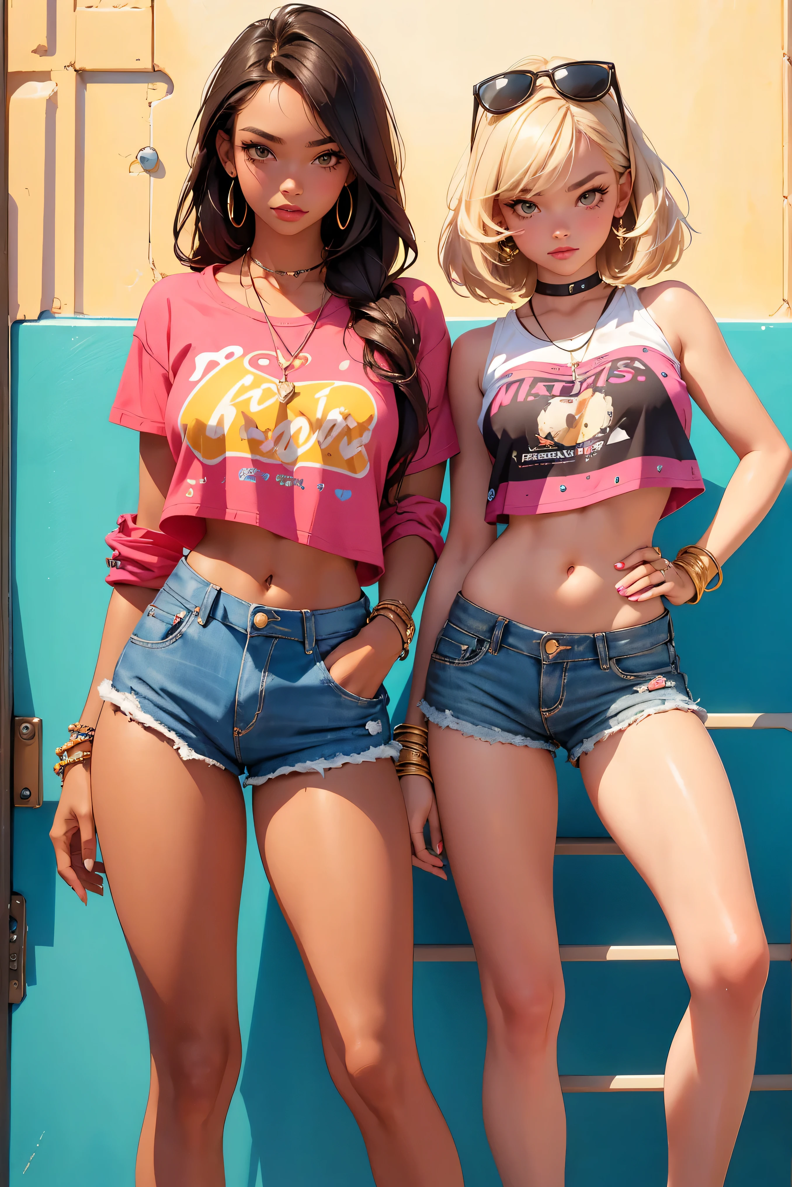 Teenage girl-model 18 years old, beautiful, tanned, blonde, bob hair, bangs, brown eyes, beautiful figure, girl wearing crop shirt and too short mini shorts, beautiful long legs, slave bracelets, slave choker, manicure, cute makeup, flirtatiously posing, hot summer, hot flirty, sexy posing, summer outfit, top quality, higest quality, pin-up style, retro 80s style, Daisy Dukes style, Miami vibes, Californian