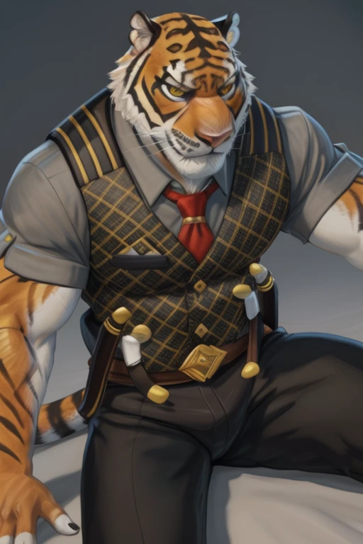 a muscular man with yellow eyes, glaring at the viewer, tiger tail, (pinned down), (pose), (soft shadows), 4k, empty background, ((extremely detailed face, extremely detailed)), by zackary911, by Zaush, (through friendship:0.5), shirt, vest, short sleeves, black belt, black pants