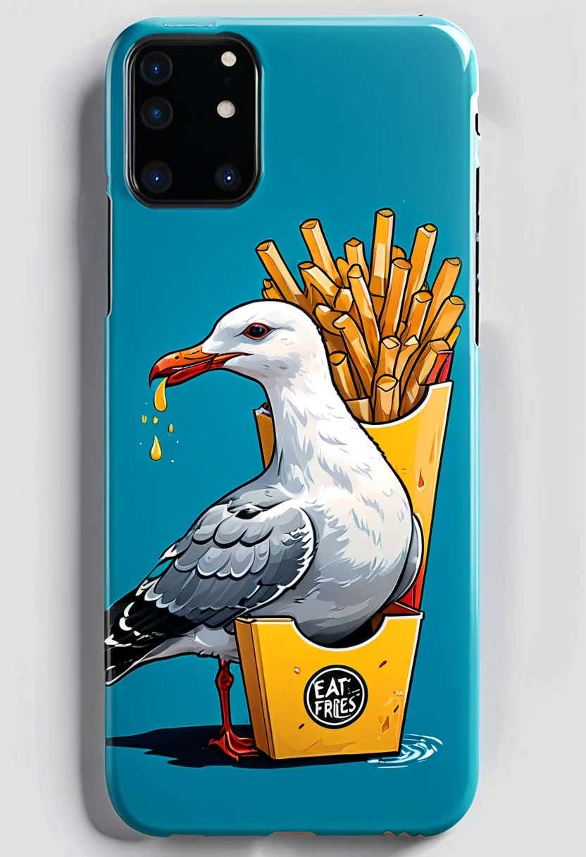 Black vinyl record with design of (Seagull eat Fries:1.4), The colors are (visually striking, vivid) and the image features (sharp focus) to make the illustration design stand out. The art style of the case leans towards (cartoonish, illustrative). The lighting in the image is (bright and well-balanced). Overall, this phone case combines (cute, detailed, and vibrant) elements to create a visually appealing accessory, (masterpiece, best quality, Professional, perfect composition, very aesthetic, absurdres, ultra-detailed, intricate details:1.3)