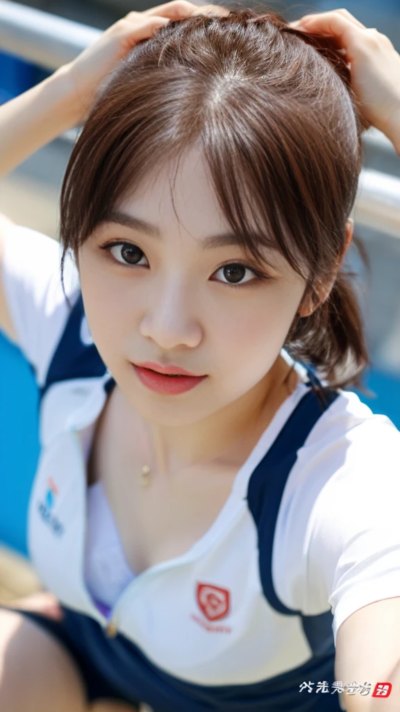 Highly detailed CG unity 8k wallpaper, of the highest quality, Super detailed, masutepiece, Realistic, photographrealistic, extremely detailed cute girl, 25yo, cleavage , (perspired) , Round eyes, peeping at the viewer, Blush, Smile, parted lip, Semi-body shot , Realistic、track suit、Realistic reproduction with vests , Panties , Squat, sports gym