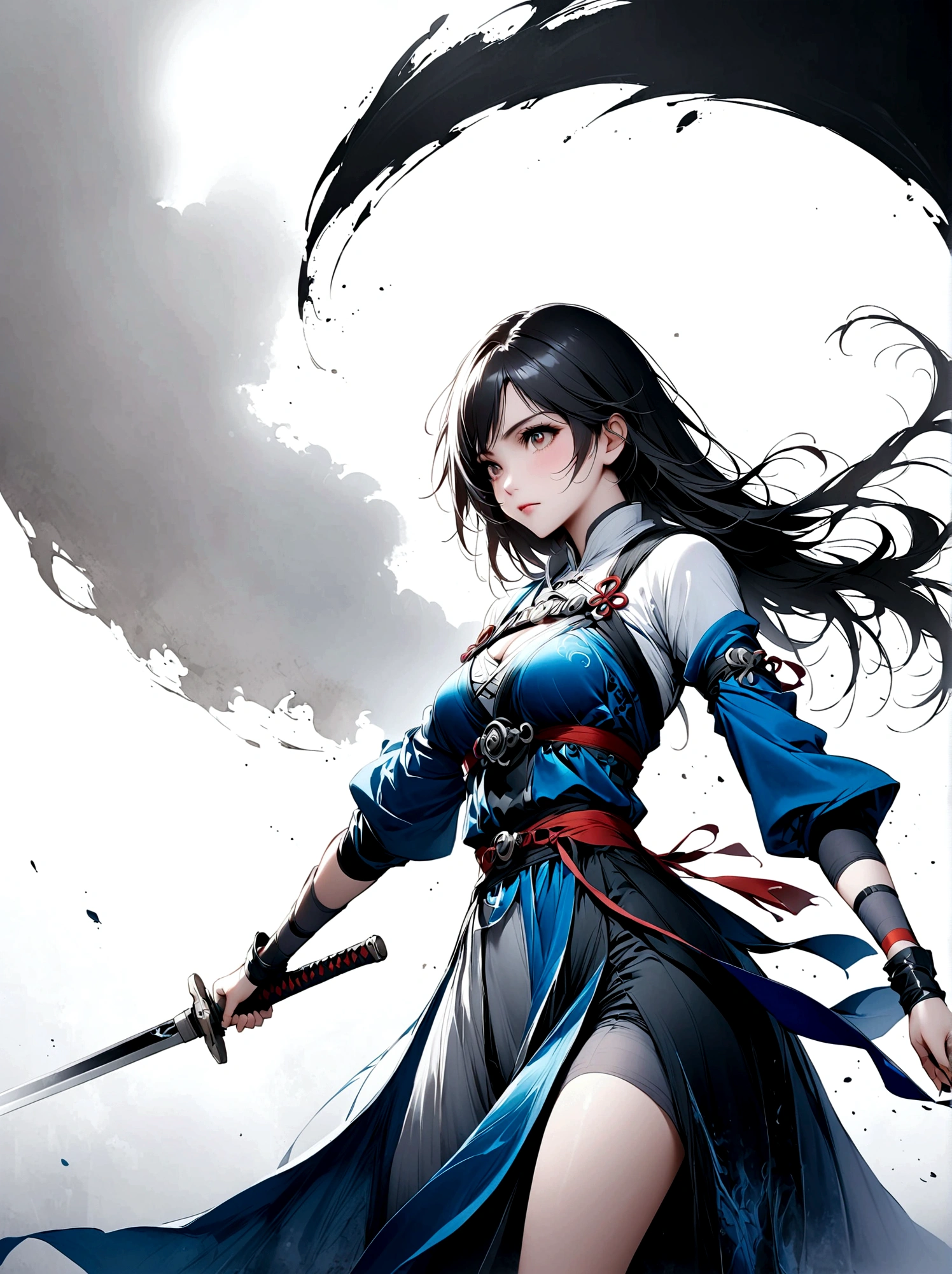 Artistic ink painting,Three-dimensional ink painting,Minimalism,Minimalist graphics,Minimal Art,Anime girl holding a sword,whole body,Chinese style,antiquity,Ink Painting,Blue robe,Black long hair,Black and white background,古韵White Space,White Space,大面积White Space,Texture Matte,Low saturation,Minimalist composition,Master composition