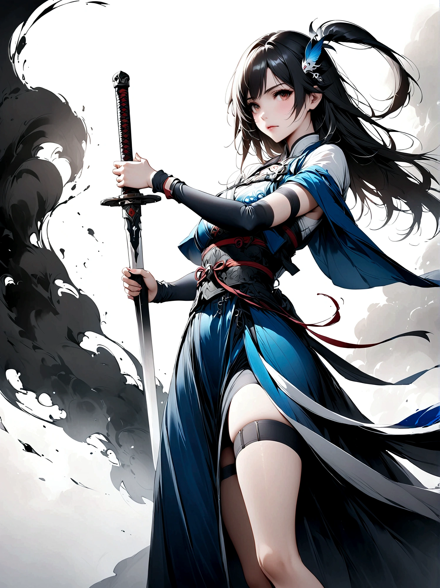 Artistic ink painting,Three-dimensional ink painting,Minimalism,Minimalist graphics,Minimal Art,Anime girl holding a sword,whole body,Chinese style,antiquity,Ink Painting,Blue robe,Black long hair,Black and white background,古韵White Space,White Space,大面积White Space,Texture Matte,Low saturation,Minimalist composition,Master composition