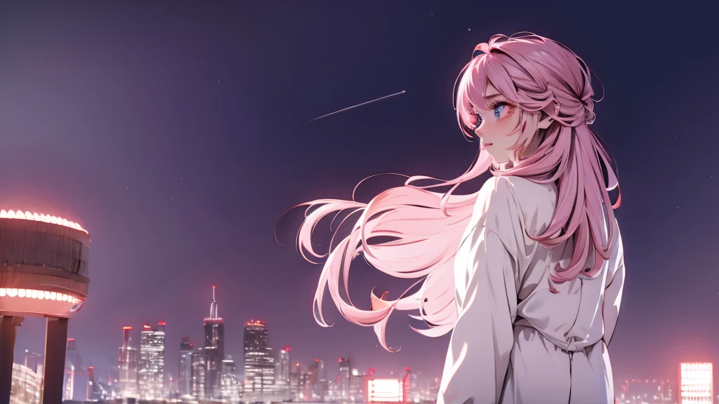 1 girl, medium light pink hair, light pink eyes, wearing white suit, night city, absurdres, high res, ultrasharp, 8K, masterpiece, looking from behind