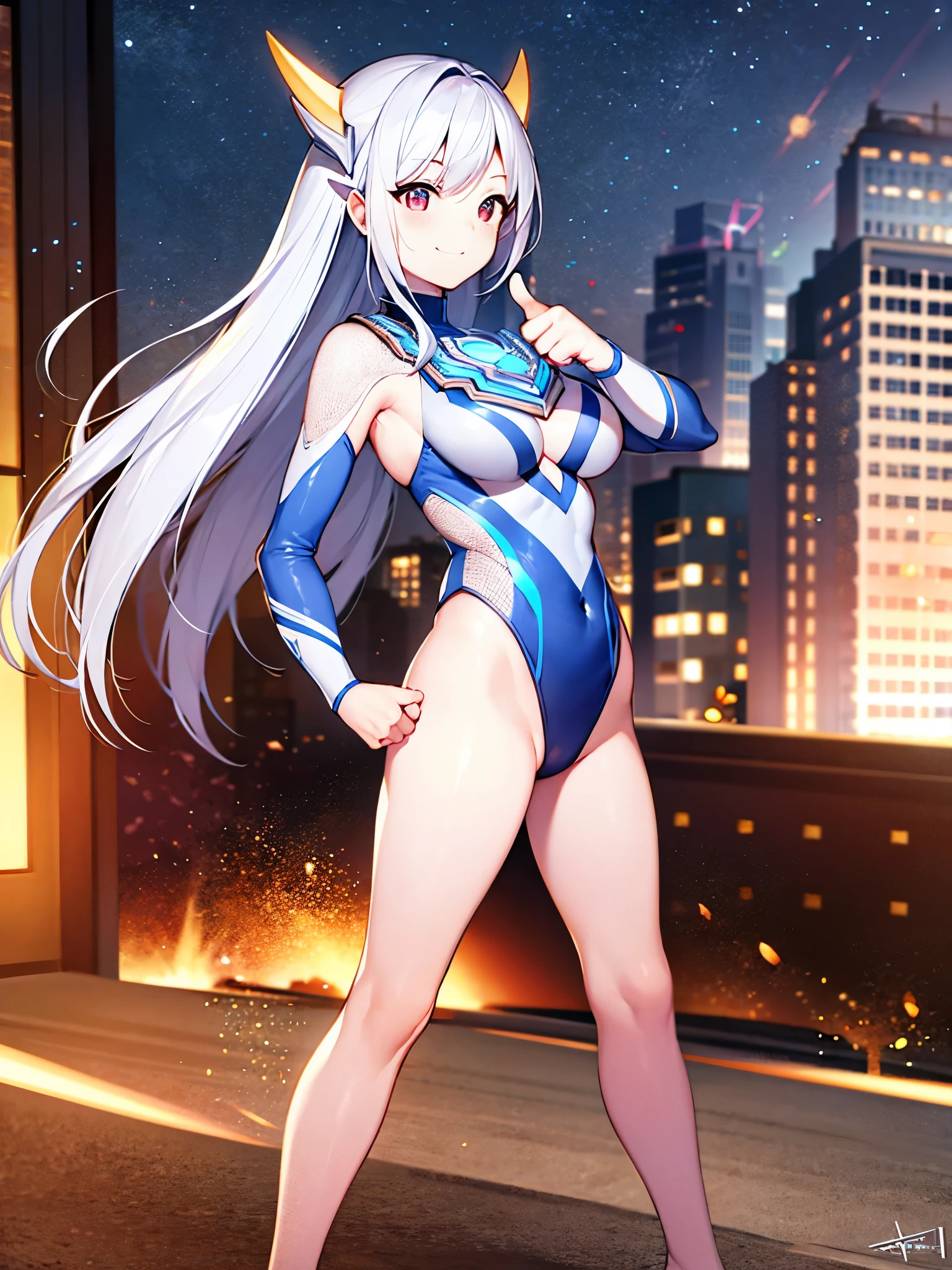 extremely detailed CG unreal engine 8k, best quality, (detailed fingers, detailed hands, detailed face), all intricate, 1girl, beautiful detailed girl, (ultragirl :1.0), ultraman bodysuit, (leotard, bare legs), upper body, smile, thumbs up, stylish posing, hand on hip, standing, detailed buildings behind, outside (power, aura, red aura)