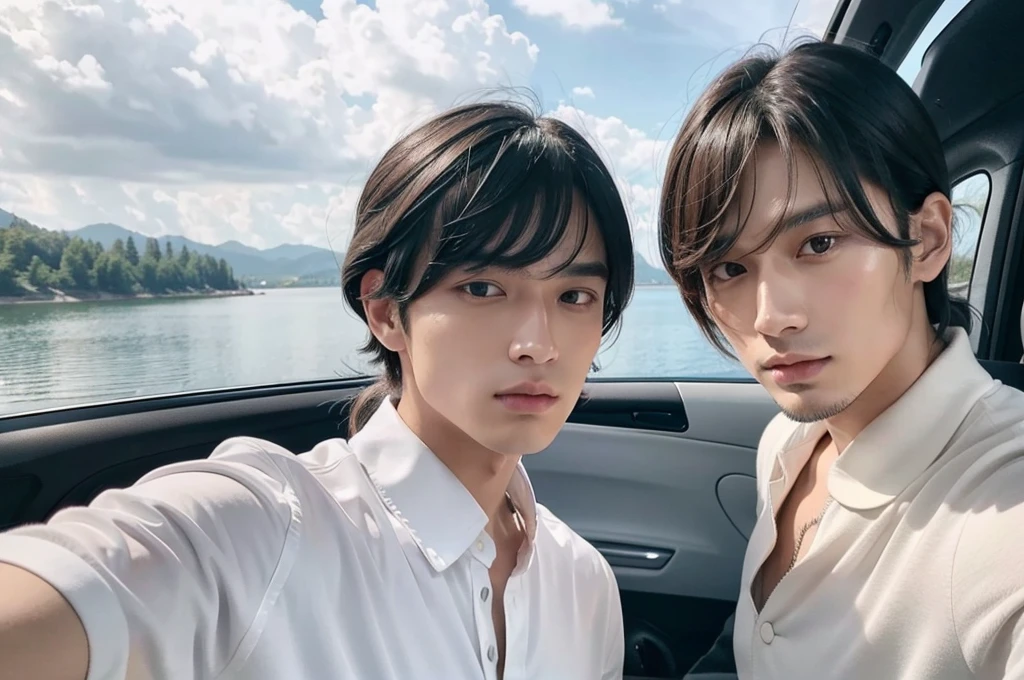 A selfie of a man with long bangs down and a man with his hair slicked back。