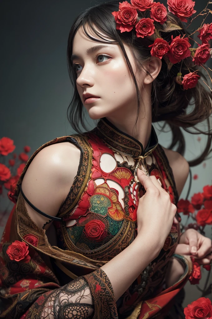 offcial art, Unity 8k wallpaper, Ultra detailed, Beautiful and aesthetic, Masterpiece, Best quality, (zentangle, mandalas, tangled, entangle), (Fractal art:1.3) , 1girll, Red flowers, Extremely detailed, Dynamic Angle, cow boy shot, The most beautiful form of chaos, elegant, Fauvistdesign, vivd colour, romanticism lain, author:James Jean, roby dwi antono, ross tran, Francis Bacon, Michal Mraz, adrian ghenie, petra cortright, Gerhard Richter, Takato Yamamoto, Ashley Wood, Atmospheric,02