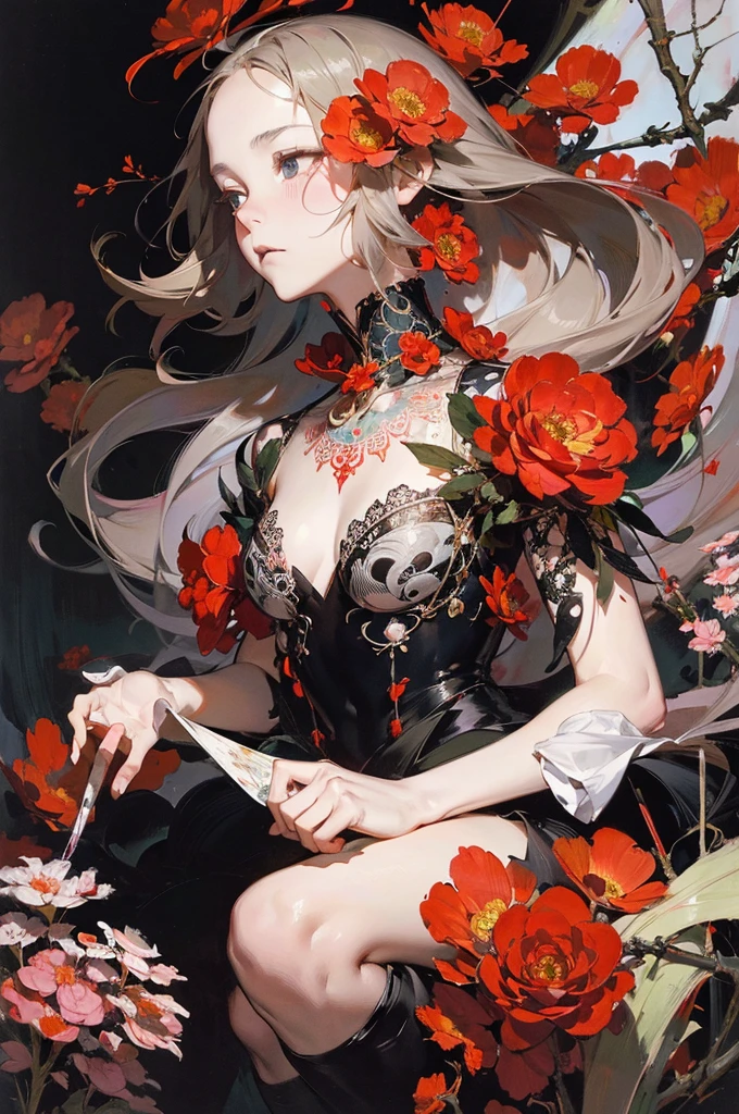 offcial art, Unity 8k wallpaper, Ultra detailed, Beautiful and aesthetic, Masterpiece, Best quality, (zentangle, mandalas, tangled, entangle), (Fractal art:1.3) , 1girll, Red flowers, Extremely detailed, Dynamic Angle, cow boy shot, The most beautiful form of chaos, elegant, Fauvistdesign, vivd colour, romanticism lain, author:James Jean, roby dwi antono, ross tran, Francis Bacon, Michal Mraz, adrian ghenie, petra cortright, Gerhard Richter, Takato Yamamoto, Ashley Wood, Atmospheric,02
