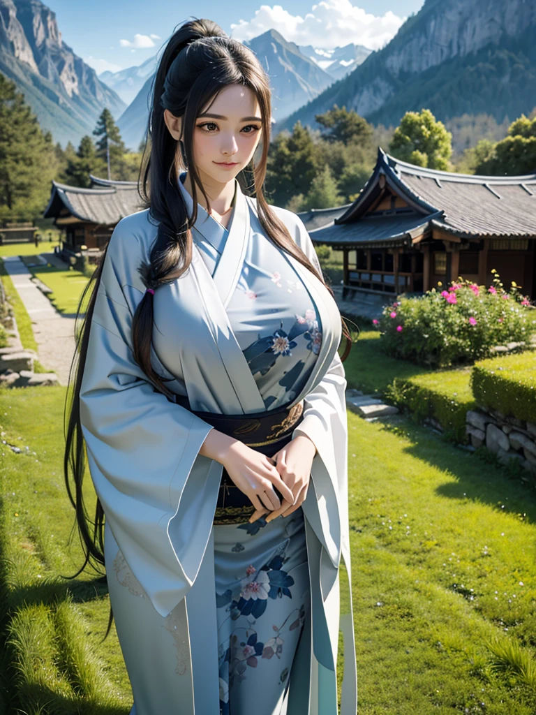 galadriel, kimono, village deep in mountains, fluttering hair, (long ponytail:1.2), long wavy hair, long curl hair, (huge tit:1.2), thick thighs, abdominal muscle, long eyelashes, eyeshadow, blush, gentle smile, upper body from below, hands on hip