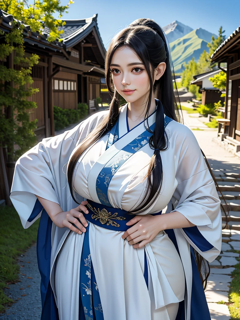 galadriel, kimono, village deep in mountains, fluttering hair, (long ponytail:1.2), long wavy hair, long curl hair, (huge tit:1.2), thick thighs, abdominal muscle, long eyelashes, eyeshadow, blush, gentle smile, upper body from below, hands on hip
