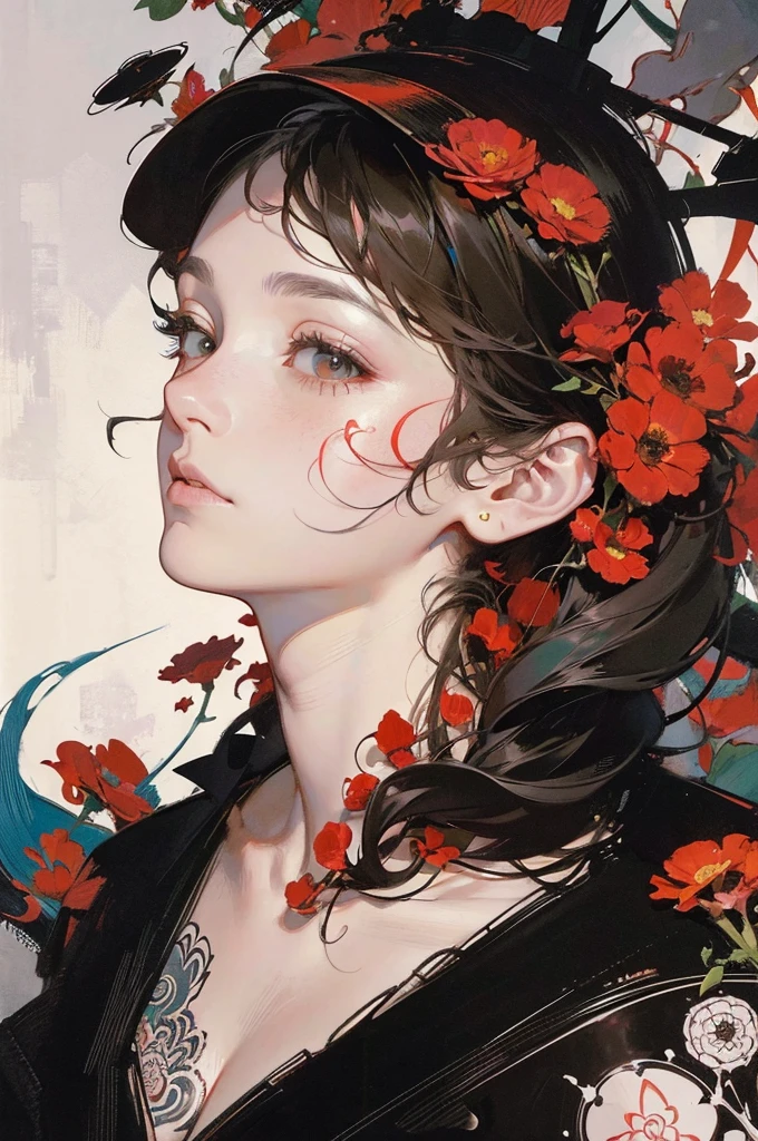offcial art, Unity 8k wallpaper, Ultra detailed, Beautiful and aesthetic, Masterpiece, Best quality, (zentangle, mandalas, tangled, entangle), (Fractal art:1.3) , 1girll, Red flowers, Extremely detailed, Dynamic Angle, cow boy shot, The most beautiful form of chaos, elegant, Fauvistdesign, vivd colour, romanticism lain, author:James Jean, roby dwi antono, ross tran, Francis Bacon, Michal Mraz, adrian ghenie, petra cortright, Gerhard Richter, Takato Yamamoto, Ashley Wood, Atmospheric,02