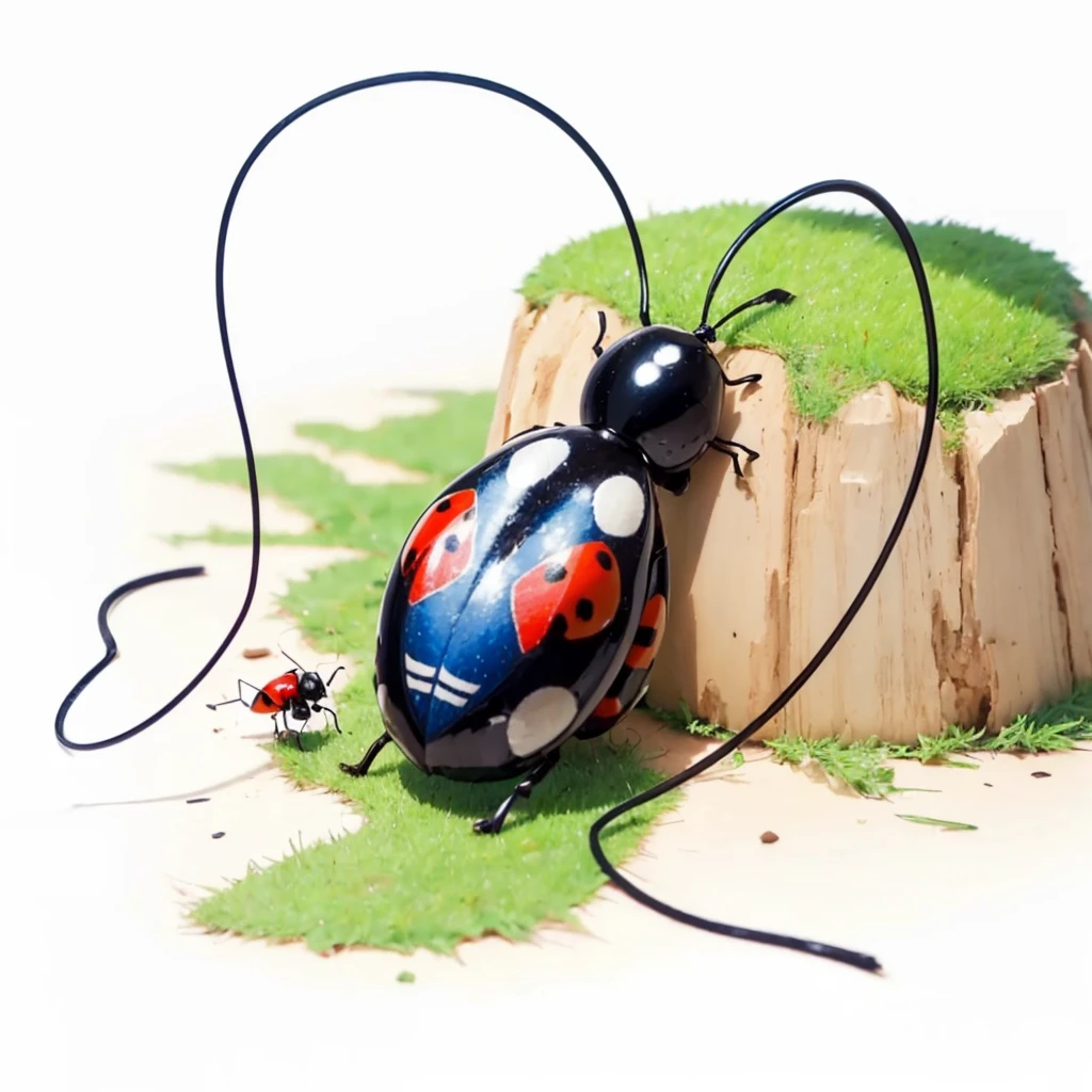 Small Animals, ant mixed with Ladybug, has blue stripes on its body, Grassroots, no background, (has beard), ((no eyes))