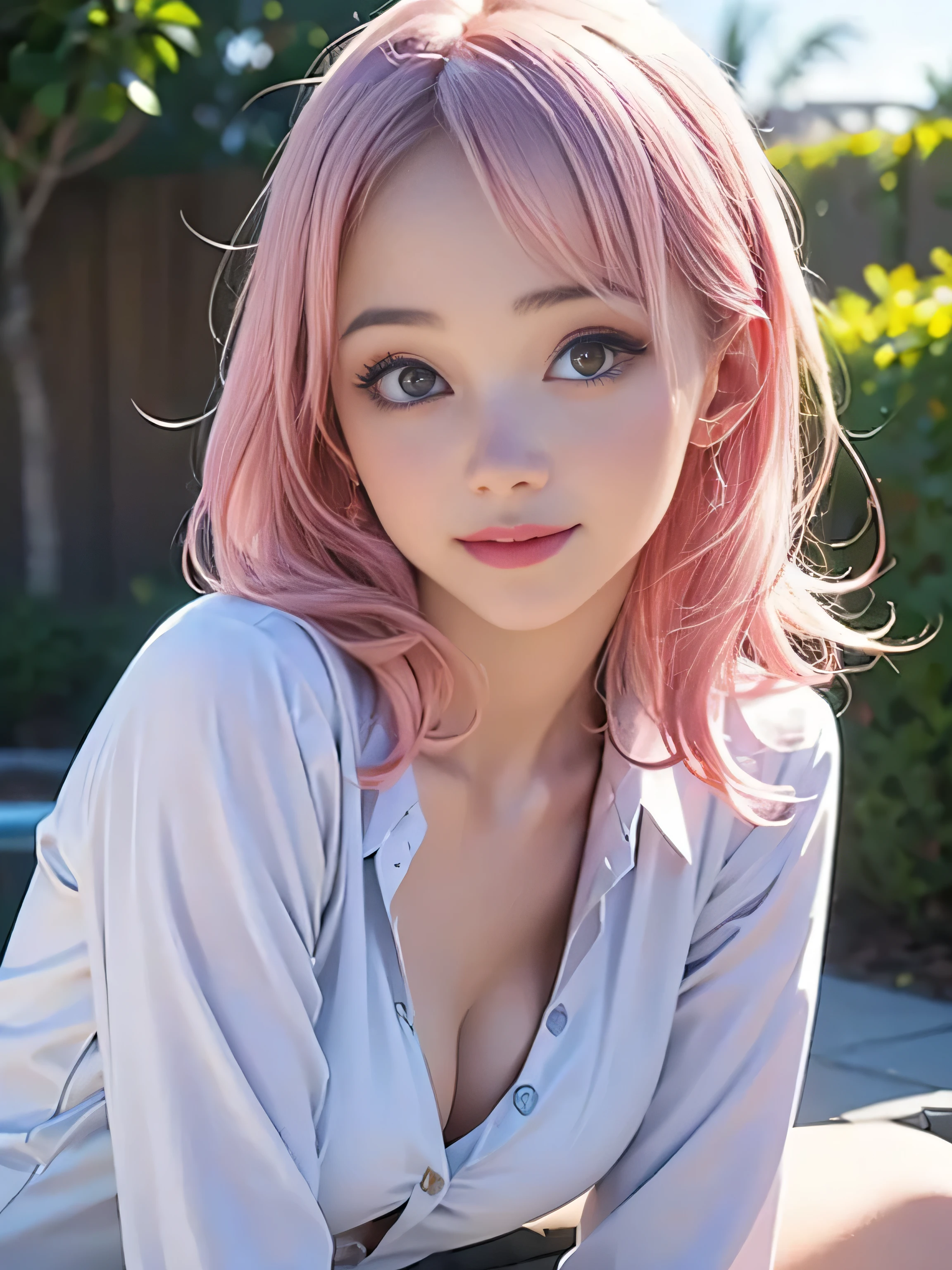 Please crente a japanese girl with pink and medium hair, purple eyes, with gyaru , teen, 16 years, , anime style