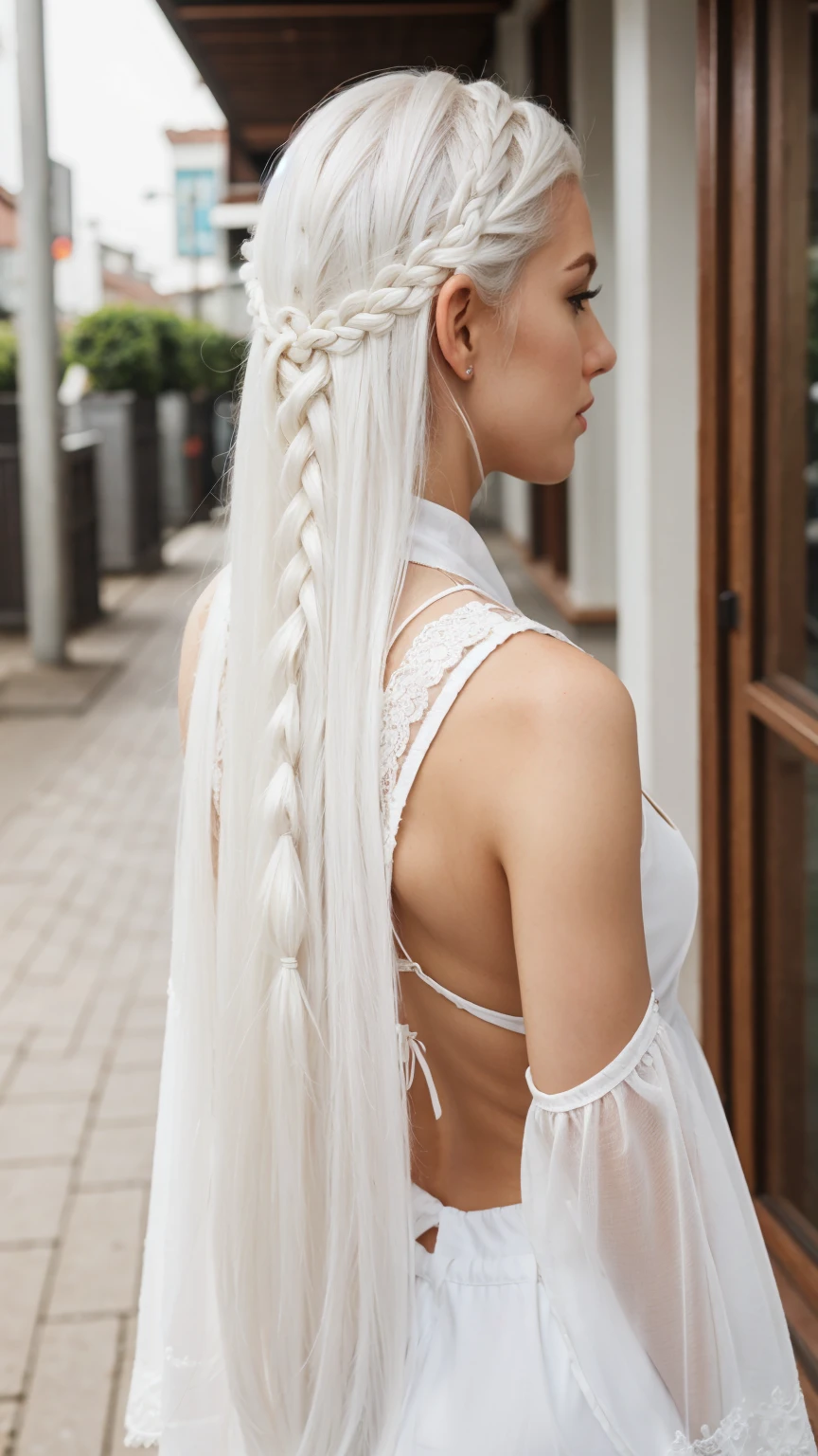 woman white hair, show her back, mi long hair