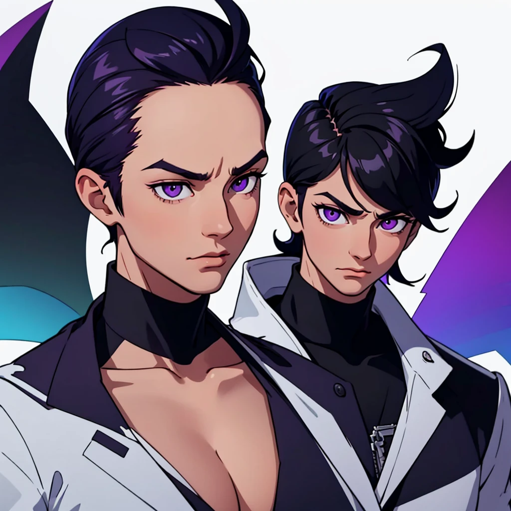 short black hair, highres, high resolution, masterpiece, wide purple eyes, talking, stoic, confident, masterpiece, best quality, highres, 1 man, Ghetto Suguru jujutsu kaisen, quiff haircut, straight hair, black hair, short hair, teenager, colorful hair, light background, full body, teenager, colorful parts, symbols, dark , bold, realistic mixing dark lines and loose lines, bold lines, on paper, human man, full body, intimidating pose, stylish outfit, dark theme, beautiful, pretty, modest, standing, male, sharp chin, high cheekbones, white background, highres, high resolution, masterpiece