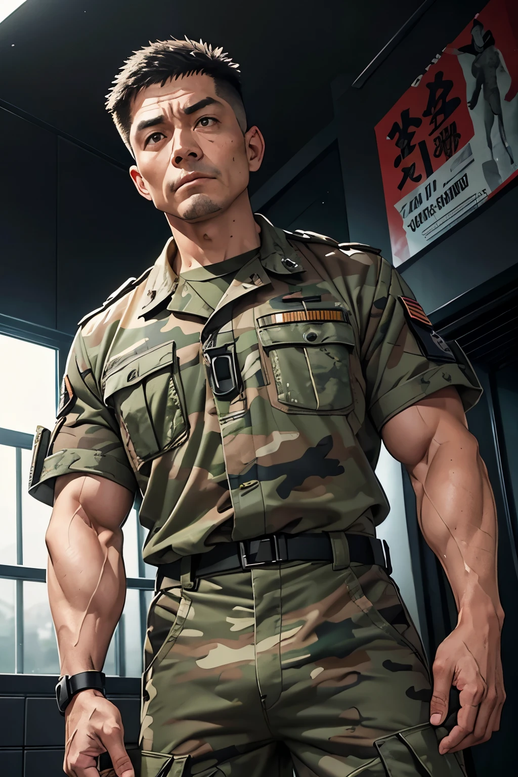 A 45-year-old military man wearing camouflage pants who has been standing for 30 years、、Muscular、Short Hair、Emphasis on the crotch、Angle from below、Overall a dark and mysterious atmosphere、Detailed facial expressions、(masterpiece),Highest quality,Excellent anatomy、((Upper body naked))