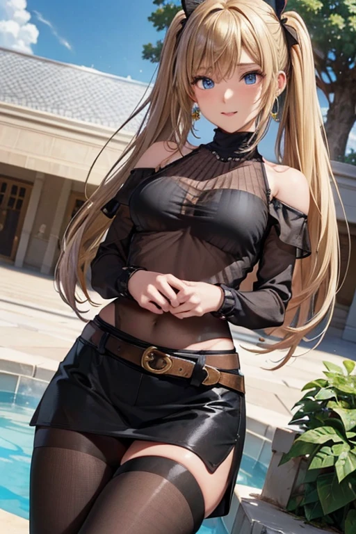#Basics A girl is posing for a photo, animeのかわいい女の子, (((One Girl, Baby Face, 16 years old))),
BREAK
#Clothing Accessories
((Black high neck sheer mesh top&Black off-the-shoulder:1.4) + White pencil tight skirt:1.4 + Big gold belt:1.4 + Black Pantyhose + Black High Heels),
(big silver necklace, Silver hoop earrings),
BREAK
#Features
(Blonde:1.4, Center-parted bangs:1.4, Chest-length sideburns, Twin tails : Hair fluttering in the wind + Very long hair + Curly, voluminous hair that spreads out to the sides + Red ribbon),
(Droopy eyes,blue eyes), (Small breasts),
BREAK
#expression
(smug face, Wicked Smile),
#background environment
((noon, Sunshine + garden + fountain + Plants)),
#composition
(Turning your body to the viewer:1.4, from below:1.4, Aggressive Pose, Cowboy Shot:1.4),
BREAK
#Body parts elements
(Beautiful Hair,Shiny Hair),
(double eyelid, Long eyelashes),
(Expression of fine eyes, Beautiful and delicate eyes, Sparkling eyes, Eye Reflexes),
(Human Ear),
(Beautiful Nose, Thin Nose),
(Glossy lips, Beautiful Lips, Thick lips), (Symmetrical facial features),
(Detailed skin, Textured skin, Beautiful Skin),
BREAK
#Quality
(((Highest quality)), ((masterpiece)), ((Very detailed))), ((High resolution), (16k,1080p)),
(Realistic), (Anatomically correct),
((comics, anime)), (3DCG), CG illustration,