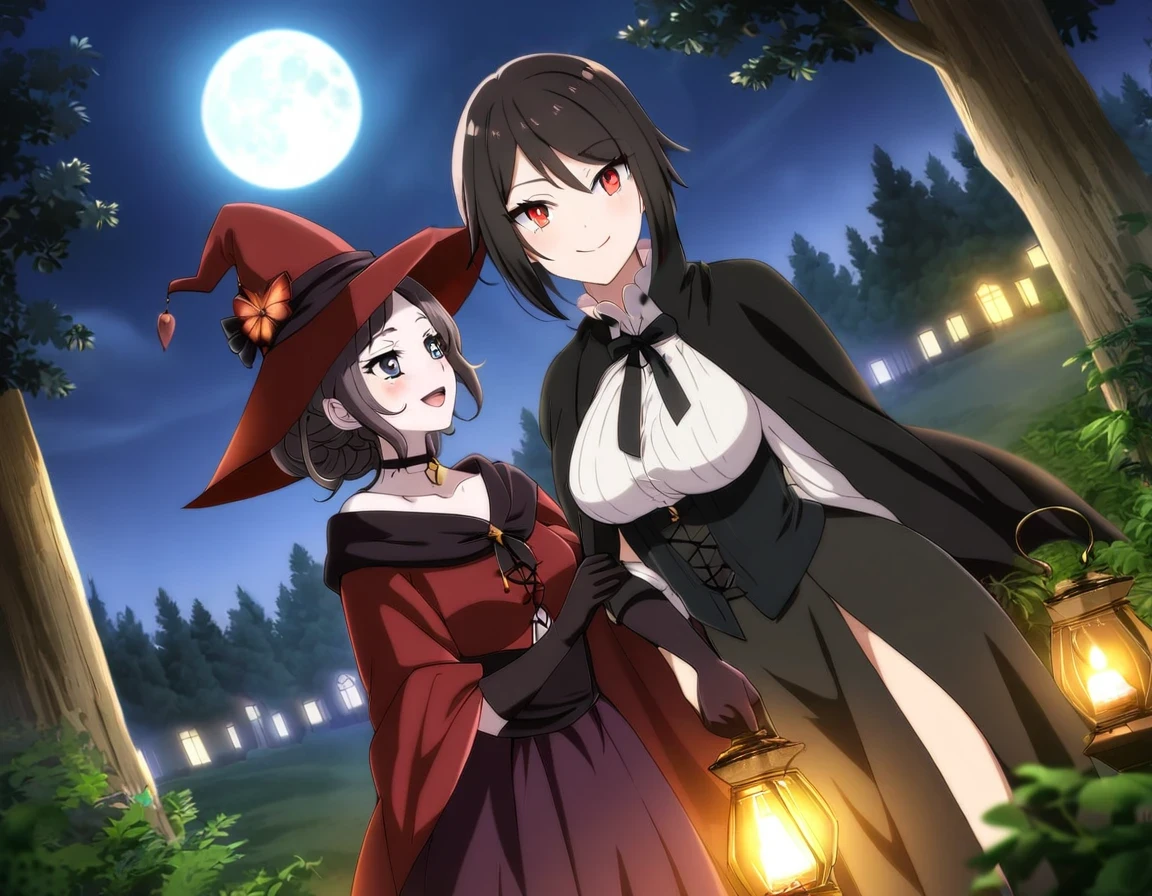 A smiling Vampire girl with dark hair, crimson eyes,