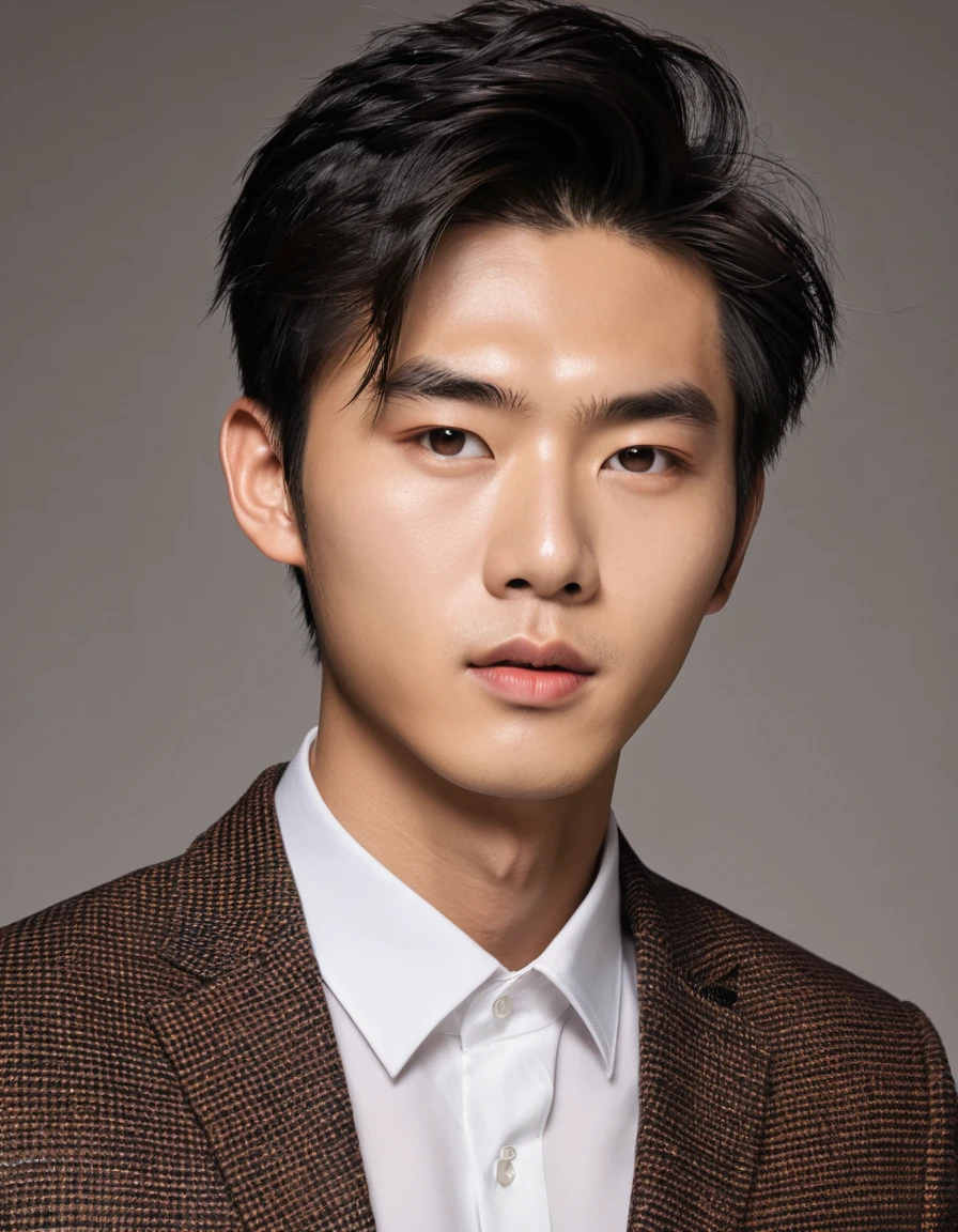 ((mejor calidad)), ((obra maestra)), (detallado), cara perfecta, asian boy, lindo, good lighting, saco color naranja, completo, nariz perfecta, labios gruesos, pelo largo