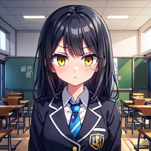 screenshot my hero academy. girl long black hair with bangs and some blue strands. Intense yellow eyes with freckles, an expression of tranquility. He wears a U.A uniform, a gray jacket and a red tie, in the background of a school environment.