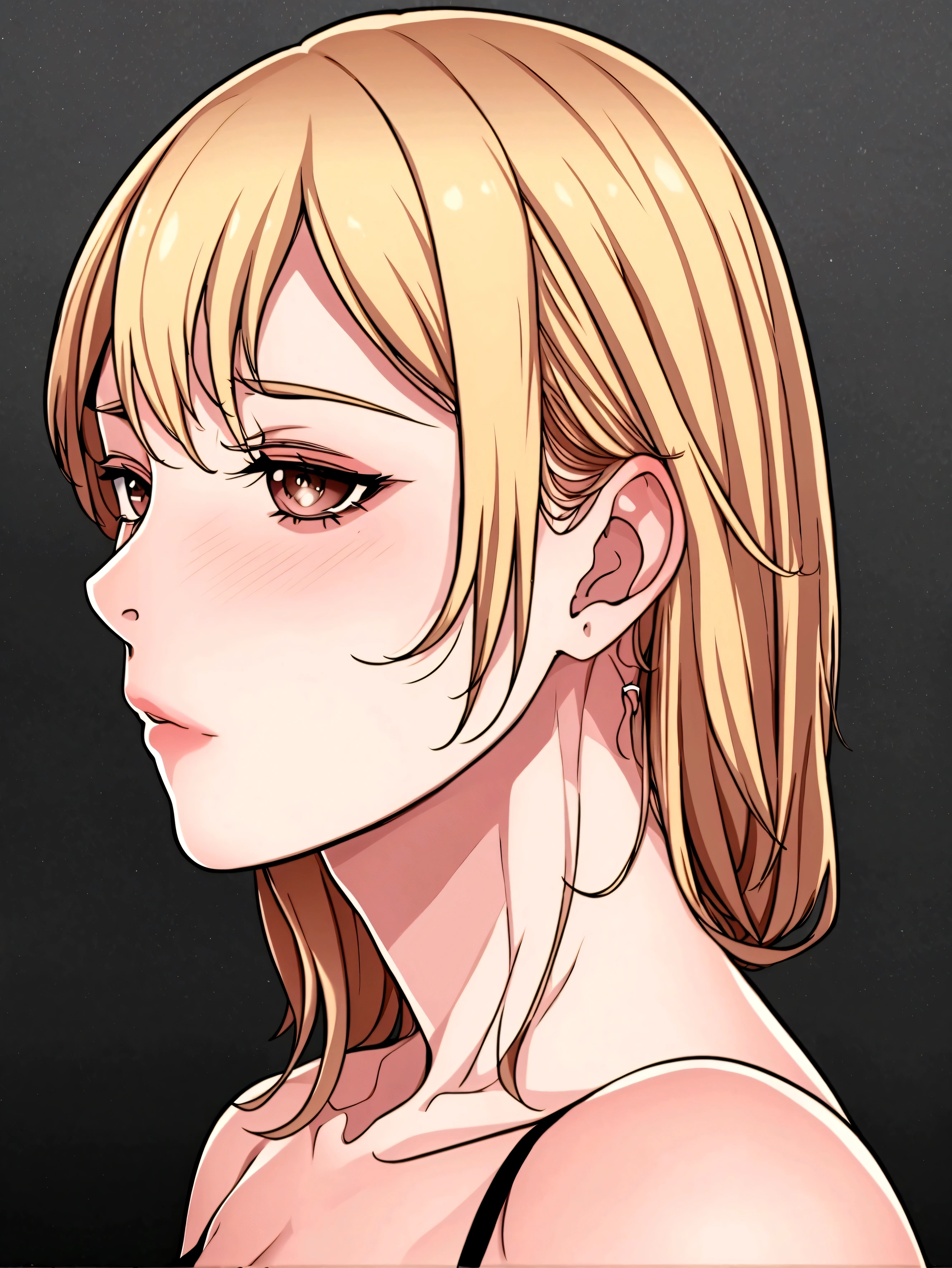 {8k image}, 1beautiful mature woman (MILF, Gal), 30 years old, blonde hair, Brown eyes, thin lips, pointed nose, upturned eyes, oval face, {looking directly at the viewer}, {facing forward}, {perfect anatomy}, {image focused only on the face and breats}, {profile picture}, manga art style, extremely detailed lineart, manga Splash page, vivid colors