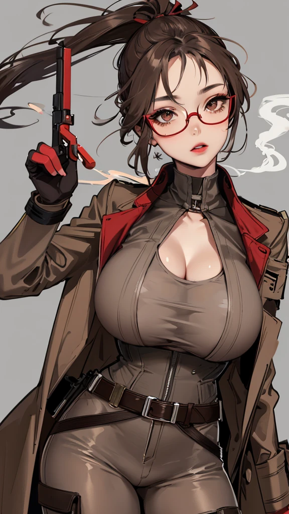 brown and gray sniper girl wearing brown militray suit,Huge Breasts,ruins,red glasses,Thick smoke,cleavage,Lipstick,pant,ponytail hairstyle