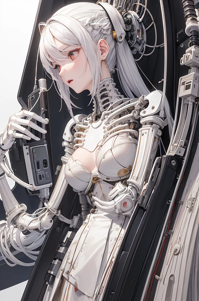 (((masterpiece))), (((best quality))), ((Extremely detailed)), (Highly detailed CG illustrations), ((Extremely delicate and beautiful)),(from the side),light,((1机械女孩)),Solitary,whole body,(machine made joints:1.2),((Mechanical limbs)),(Blood vessels connected to the tubes),(A mechanical vertebrae attached to the back),((Mechanical cervical fixation)),(sit),Poker face,(Wires and cables overhead:1.2)(character focus),Science fiction,White background, Extremely detailed,rich and colorful,The most detailed,Dolls,Wires connected at the back,The lower body is a crucible