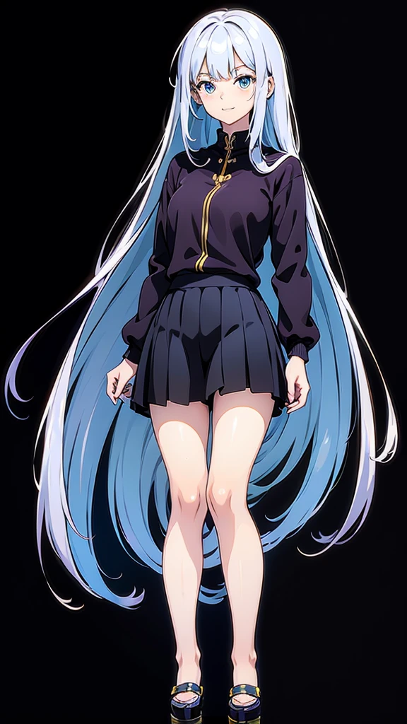 A detailed full-body image of a young anime girl standing confidently. She has long flowing hair, big expressive eyes, and a friendly smile. She is wearing a  with a blazer, skirt, and knee-high socks. Her arms are slightly raised, showing off her well-defined hands and fingers. The background is a soft gradient to emphasize the character. Detailed and clean line art, high resolution, with distinct separation of body parts (head, arms, hands, torso, legs).