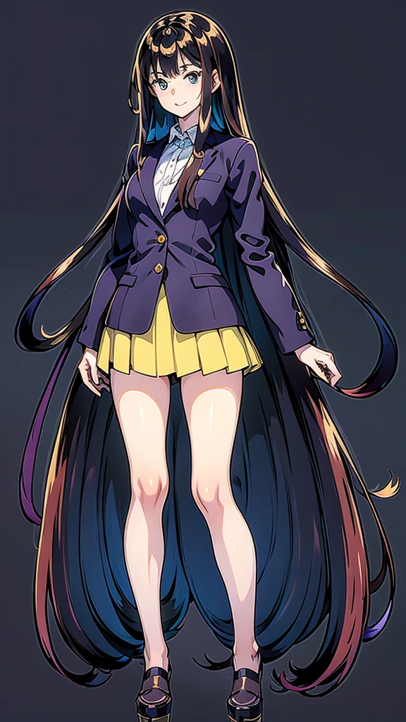 A detailed full-body image of a young anime girl standing confidently. She has long flowing hair, big expressive eyes, and a friendly smile. She is wearing a  with a blazer, skirt, and knee-high socks. Her arms are slightly raised, showing off her well-defined hands and fingers. The background is a soft gradient to emphasize the character. Detailed and clean line art, high resolution, with distinct separation of body parts (head, arms, hands, torso, legs).