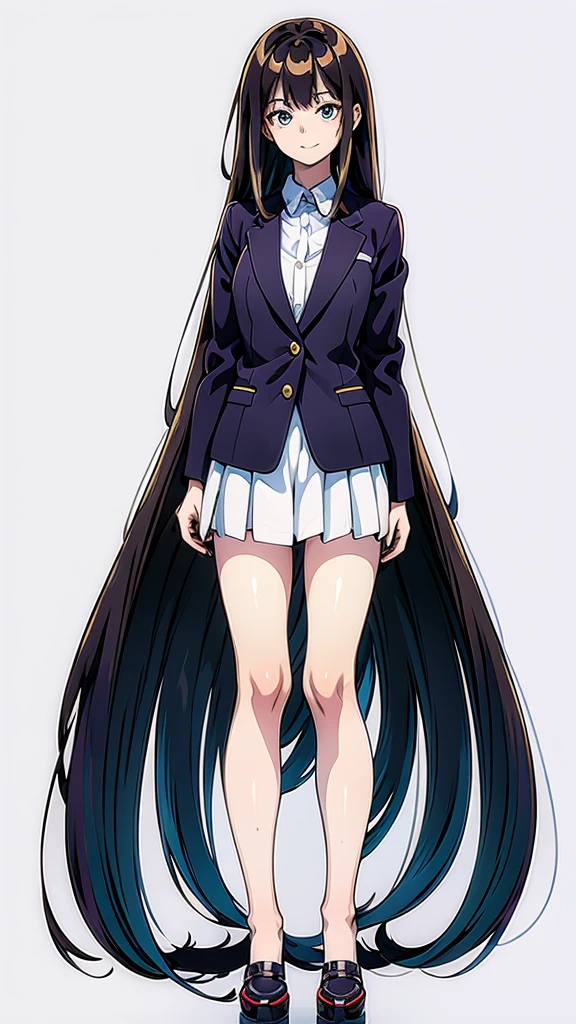 A detailed full-body image of a young anime girl standing confidently. She has long flowing hair, big expressive eyes, and a friendly smile. She is wearing a  with a blazer, skirt, and knee-high socks. Her arms are slightly raised, showing off her well-defined hands and fingers. The background is a soft gradient to emphasize the character. Detailed and clean line art, high resolution, with distinct separation of body parts (head, arms, hands, torso, legs).