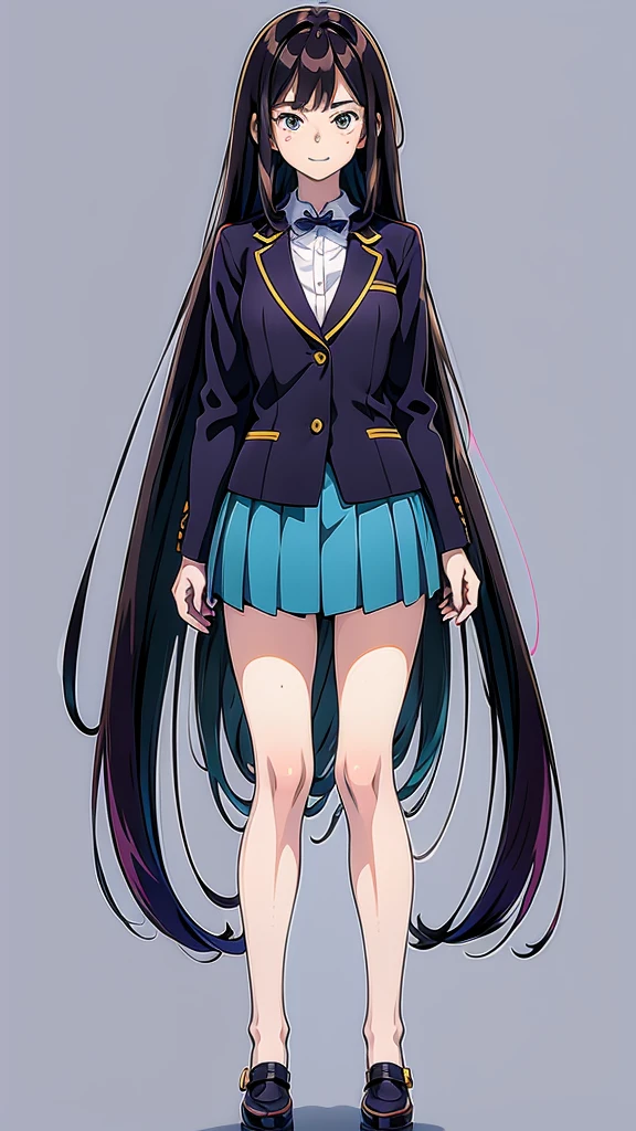 A detailed full-body image of a young anime girl standing confidently. She has long flowing hair, big expressive eyes, and a friendly smile. She is wearing a  with a blazer, skirt, and knee-high socks. Her arms are slightly raised, showing off her well-defined hands and fingers. The background is a soft gradient to emphasize the character. Detailed and clean line art, high resolution, with distinct separation of body parts (head, arms, hands, torso, legs).