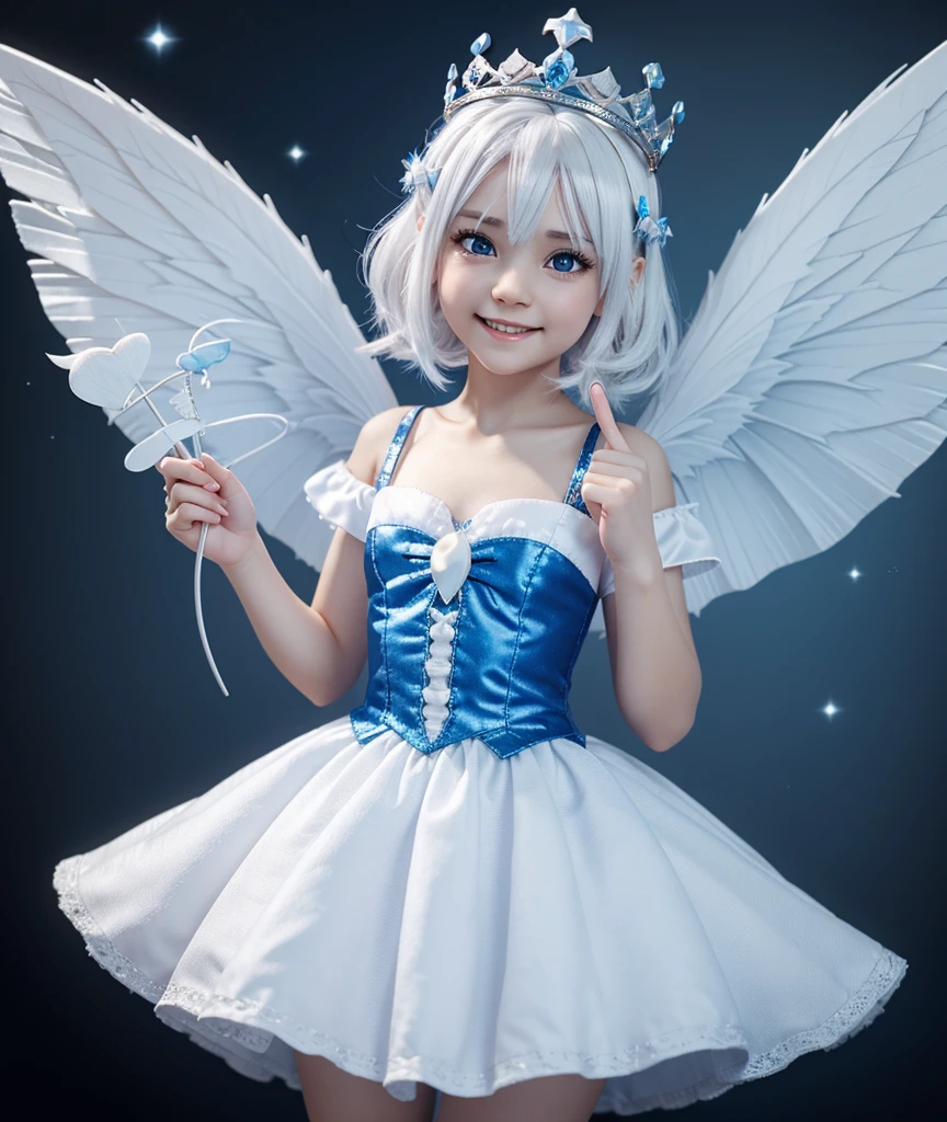 A small and cute tooth fairy, white hair, wearing a crown and holding a small magic wand, has a pair of blue wings. 3d animasi