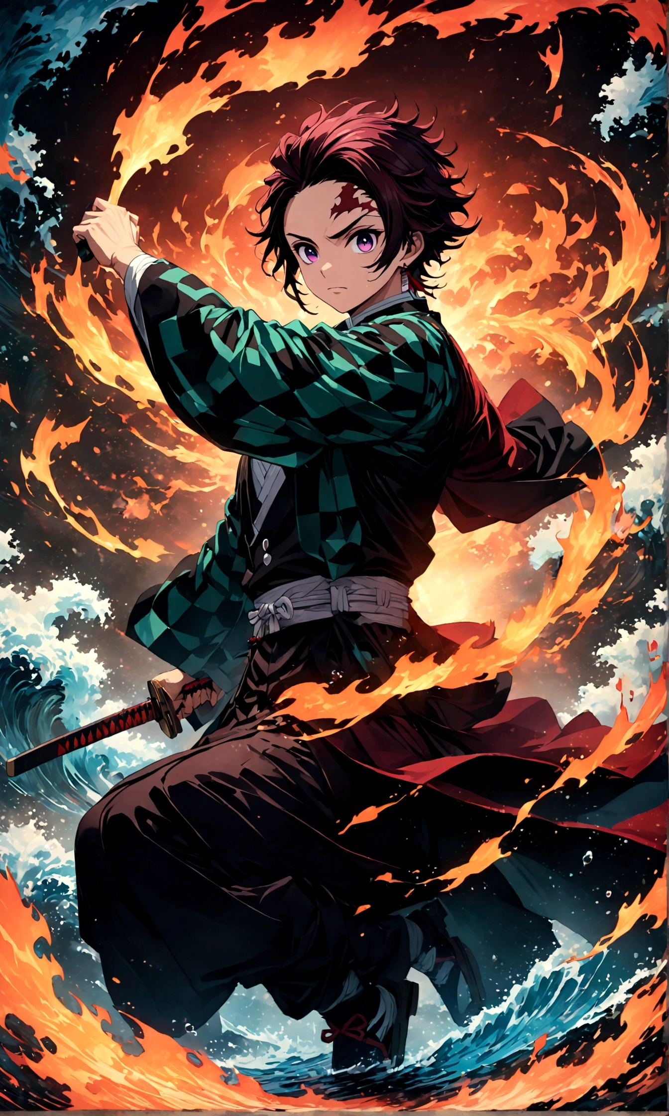 Fixes,鞘をFixesする,Structurally correct,(1 male,tanjiro kamado),Demon slayer,Tanjiro&#39;Costumes,Holding a Japanese sword in each hand,Water flow effect,Fire effect,Intricate details,,Decadent,artwork,rendering,Dynamic pose,(masterpiece:1.3),(highest quality:1.4),(Very detailed:1.5),High resolution,Very detailed,unity 8k wallpaper,Dark fantasy,,Glare,Fighting Style,Draw artistic background,(Japanese style sculpture:water:Wave:流water),Use gold leaf as a background,Glare,Hopeless shape,Looking into the camera,BREAK,Japanese swords are straight and have a metallic luster..,Please hold the handle of the Japanese sword