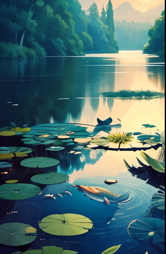 there is a fish swimming in a pond with lily pads, in a pond, peaceful and serene, by Kano Tan'yū, by Asai Chū, koi pond, by Tadashige Ono, By Gigadō Ashiyuki, tranquility, by Tadashi Nakayama, by Kaigetsudō Ando, floating koi fish