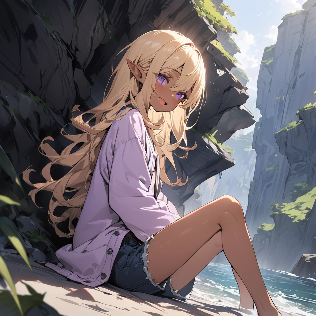 ((Masterpiece)), ((best quality)), (Anime:1.4), (super detail:1.2), (High Definition:1.3), (Professional Photography:1.3), (wide shot), (sharp focus), (perfect light), (()), (1girl), cute young girl, (from side), (nauhty smile), open mouth, (Beautiful purple eyes:1.2), (dark skin), elf girl, wear a long cardigan, flat chest, slim body, (very long bangs:1.3), unruly hair, (medium hair), ((beautiful blond hair)), shortpants, BREAK, ((best quality)), sitting on the ground, (Sit with legs stretched out), knee up, (Cliffs over 100 meters above sea level)), (super detail:1.2),