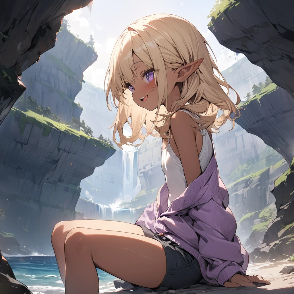 ((Masterpiece)), ((best quality)), (Anime:1.4), (super detail:1.2), (High Definition:1.3), (Professional Photography:1.3), (wide shot), (sharp focus), (perfect light), ((12 years old)), (1girl), cute young girl, (from side), (nauhty smile), open mouth, (Beautiful purple eyes:1.2), (dark skin), elf girl, wear a long cardigan, flat chest, slim body, (very long bangs:1.3), unruly hair, (medium hair), ((beautiful blond hair)), shortpants, BREAK, ((best quality)), sitting on the ground, (Sit with legs stretched out), knee up, (Cliffs over 100 meters above sea level)), (super detail:1.2),