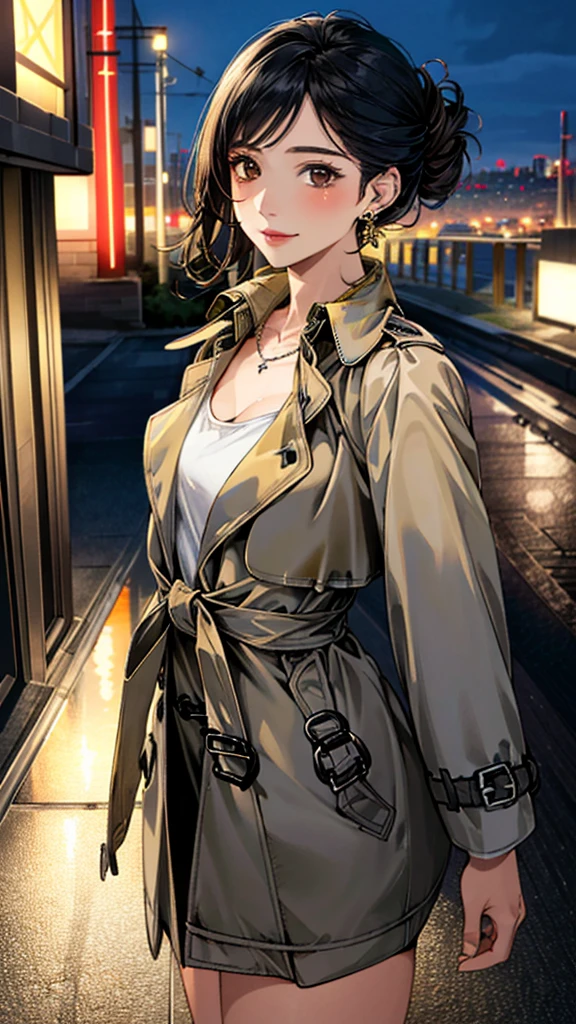 (masterpiece:1.3, Highest quality, Ultra-high resolution, Super detailed), (Realistic, photoRealistic:1.4), Beautiful illustrations,  (Natural Side Lighting, Cinema Lighting), colorful, Depth of written boundary, 
Beautiful detailed hair, Beautifully detailed face, Beautiful fine details, Beautiful clavicle, Beautiful body, 美しいLarge Breasts, Beautiful thighs, Beautiful feet, Beautiful fingers, 
((trench coat:1.4)), (knit、Long skirt 1.4)、
View Viewer、Front view:0.8, Beauty1人, Japanese, Beauty、30 years old, Perfect Face, (Perfect Anatomy, Anatomically correct), Cute and symmetrical face, Baby Face, , Shiny skin, 
(Black Hair, Updo Hair:1.4),  Dark brown eyes, Large Breasts, Slim body, 
necklace, (Small earrings:1.3), 
(Beautiful views), (night), (city, cityscape in the distance), Standing with good posture, A soft smile、(Smile, Lips parted), 