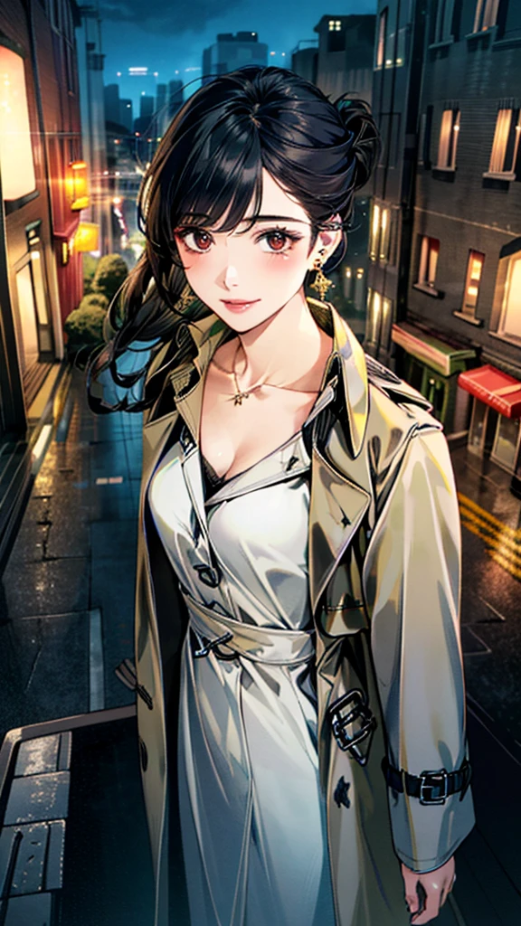 (masterpiece:1.3, Highest quality, Ultra-high resolution, Super detailed), (Realistic, photoRealistic:1.4), Beautiful illustrations,  (Natural Side Lighting, Cinema Lighting), colorful, Depth of written boundary, 
Beautiful detailed hair, Beautifully detailed face, Beautiful fine details, Beautiful clavicle, Beautiful body, 美しいLarge Breasts, Beautiful thighs, Beautiful feet, Beautiful fingers, 
((trench coat:1.4)), (knit、Long skirt 1.4)、
View Viewer、Front view:0.8, Beauty1人, Japanese, Beauty、30 years old, Perfect Face, (Perfect ???????, Anatomically correct), Cute and symmetrical face, Baby Face, , Shiny skin, 
(Black Hair, Updo Hair:1.4),  Dark brown eyes, Large Breasts, Slim body, 
necklace, (Small earrings:1.3), 
(Beautiful views), (night), (city, cityscape in the distance), Standing with good posture, A soft smile、(Smile, Lips parted), 